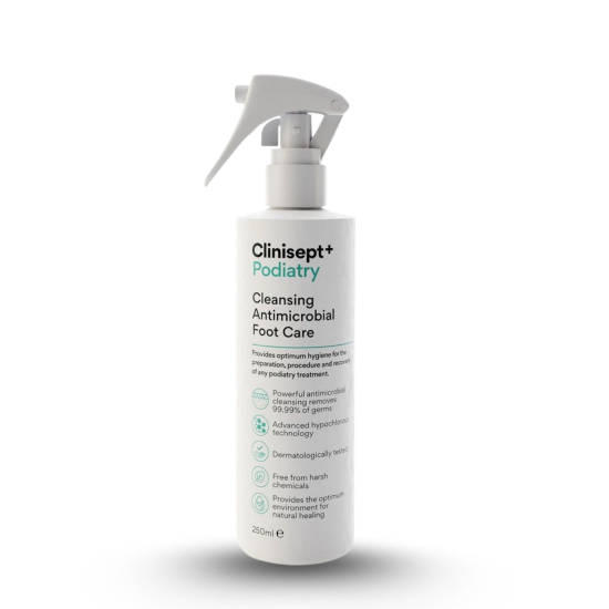 Clinisept+ Podiatry – Cleansing and Aftercare Solution 250ml Clinisept+ Podiatry spray for foot hygiene and nail care